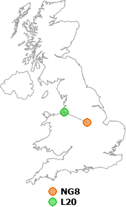 map showing distance between NG8 and L20