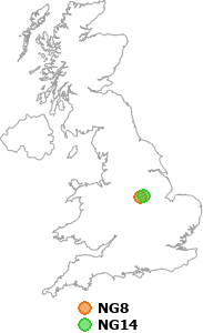map showing distance between NG8 and NG14
