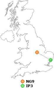map showing distance between NG9 and IP3