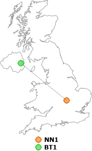 map showing distance between NN1 and BT1