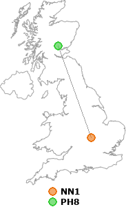 map showing distance between NN1 and PH8