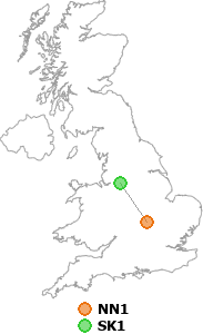 map showing distance between NN1 and SK1