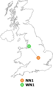 map showing distance between NN1 and WN1