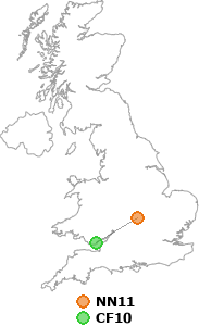 map showing distance between NN11 and CF10
