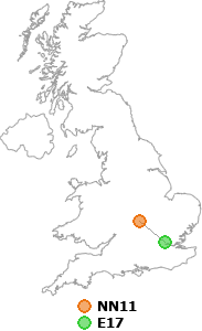 map showing distance between NN11 and E17