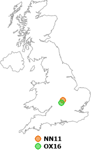 map showing distance between NN11 and OX16