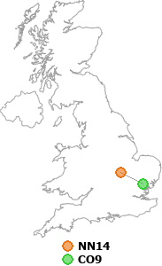 map showing distance between NN14 and CO9