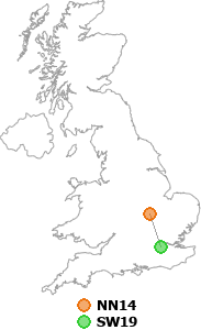 map showing distance between NN14 and SW19