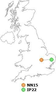 map showing distance between NN15 and IP22