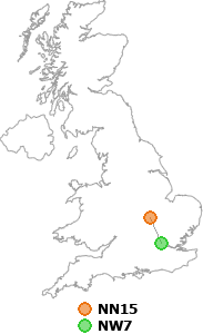 map showing distance between NN15 and NW7
