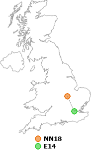 map showing distance between NN18 and E14