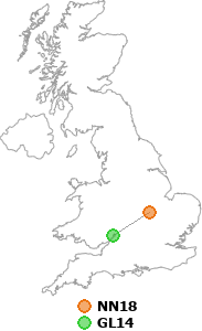 map showing distance between NN18 and GL14