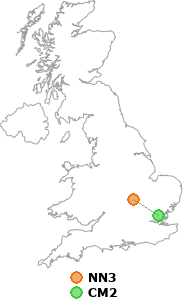 map showing distance between NN3 and CM2