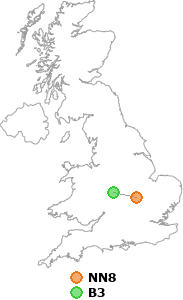 map showing distance between NN8 and B3