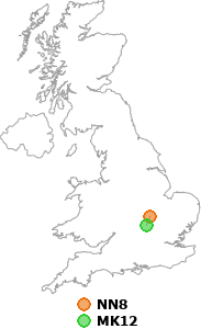 map showing distance between NN8 and MK12