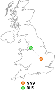 map showing distance between NN9 and BL5