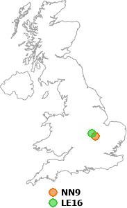 map showing distance between NN9 and LE16