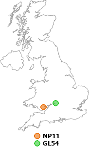 map showing distance between NP11 and GL54
