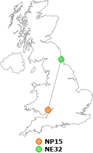 map showing distance between NP15 and NE32