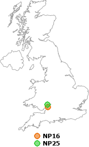 map showing distance between NP16 and NP25