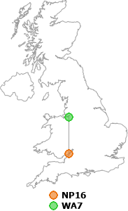 map showing distance between NP16 and WA7