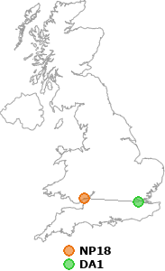 map showing distance between NP18 and DA1