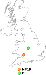 map showing distance between NP19 and B3