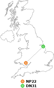 map showing distance between NP22 and DN31