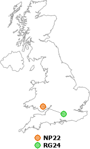 map showing distance between NP22 and RG24