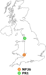 map showing distance between NP26 and PR1