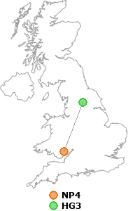 map showing distance between NP4 and HG3