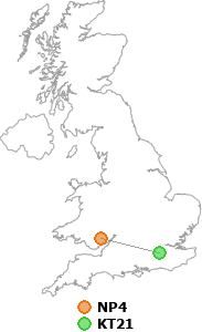 map showing distance between NP4 and KT21