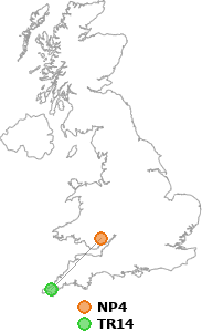 map showing distance between NP4 and TR14