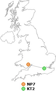map showing distance between NP7 and KT2