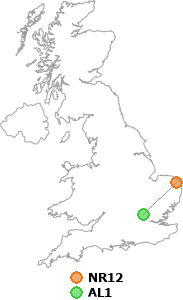 map showing distance between NR12 and AL1