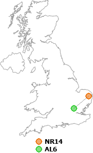 map showing distance between NR14 and AL6