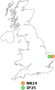 map showing distance between NR14 and IP25