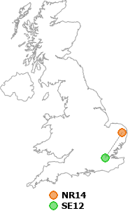 map showing distance between NR14 and SE12