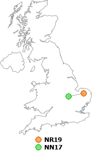 map showing distance between NR19 and NN17
