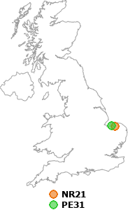 map showing distance between NR21 and PE31