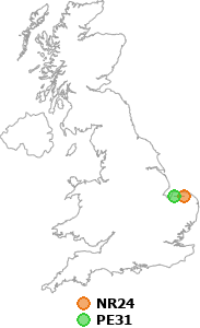 map showing distance between NR24 and PE31