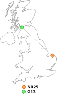 map showing distance between NR25 and G13
