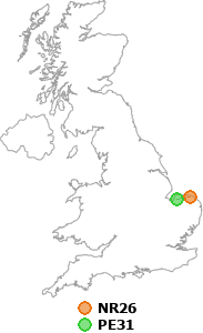 map showing distance between NR26 and PE31