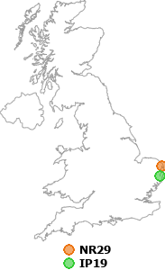 map showing distance between NR29 and IP19