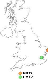 map showing distance between NR32 and CM12