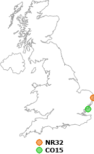 map showing distance between NR32 and CO15