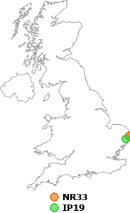 map showing distance between NR33 and IP19