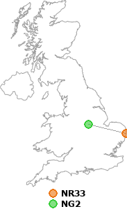 map showing distance between NR33 and NG2