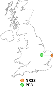 map showing distance between NR33 and PE3