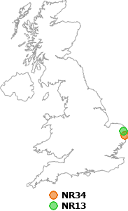 map showing distance between NR34 and NR13